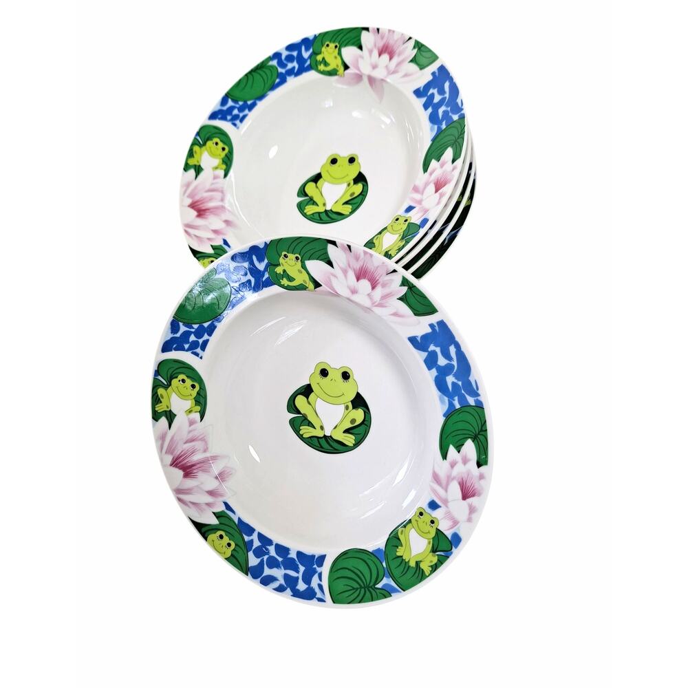 Lot of 5 Frog by Tienshan 8 1/2" Rim Soup Bowl White with Green Graphic